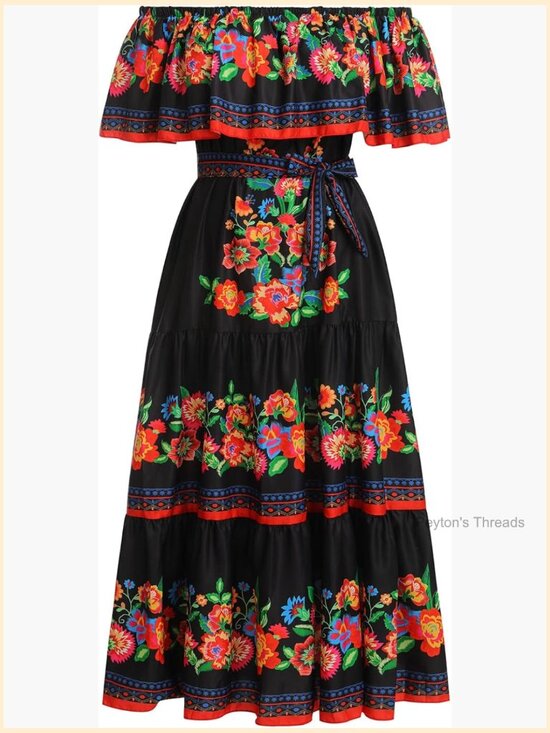 Dresses & Skirts - Off Shoulder Floral Maxi Dress with Belt Sleeveless A-Line